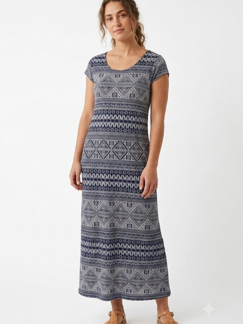 Vamp Women's Navy Aztec Patterned Short-Sleeve Maxi Dress Boho Chic Coachella